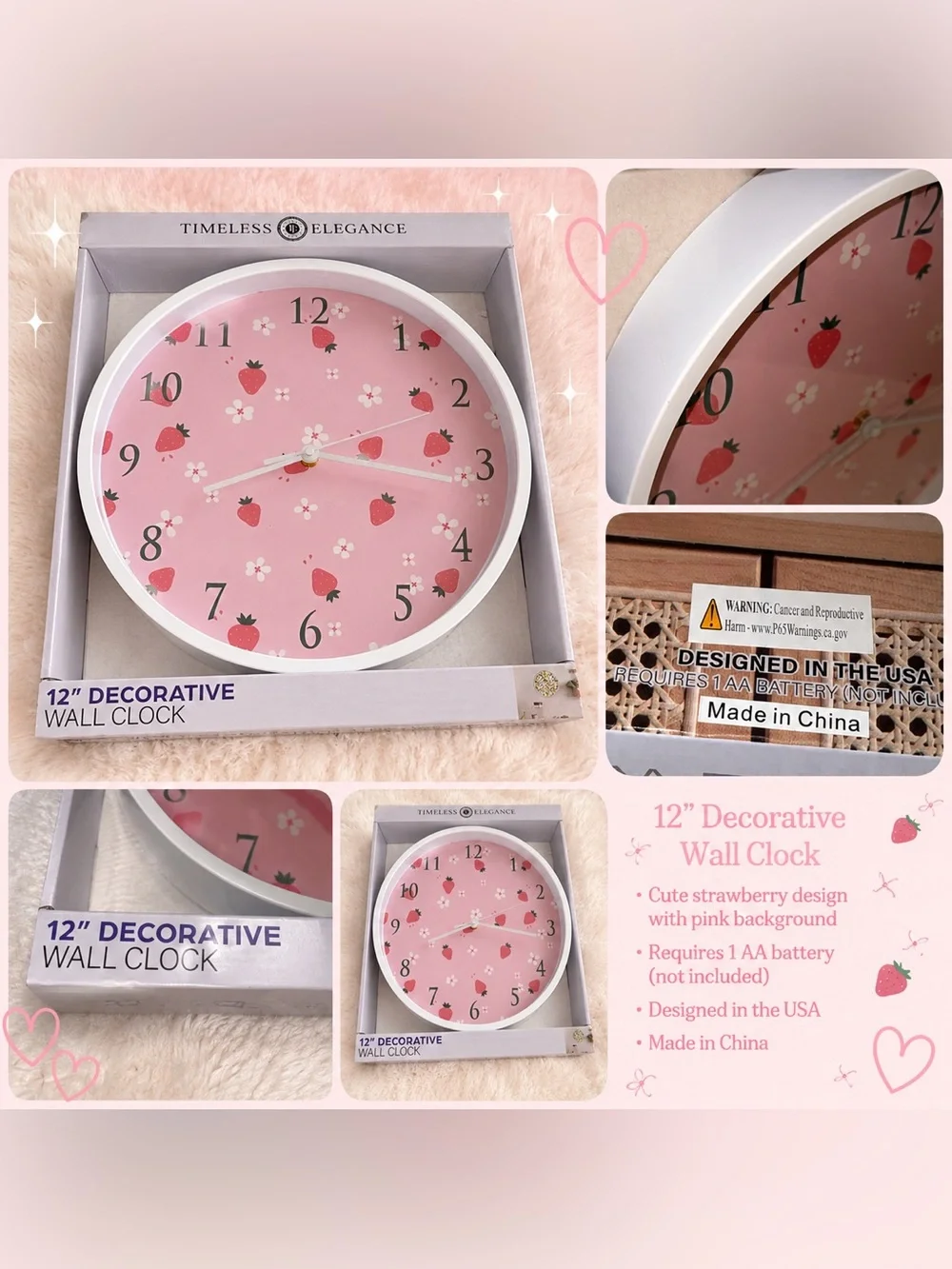 Pink Strawberry & Flower Floral Decorative 12” inch Wall Clock NIB New